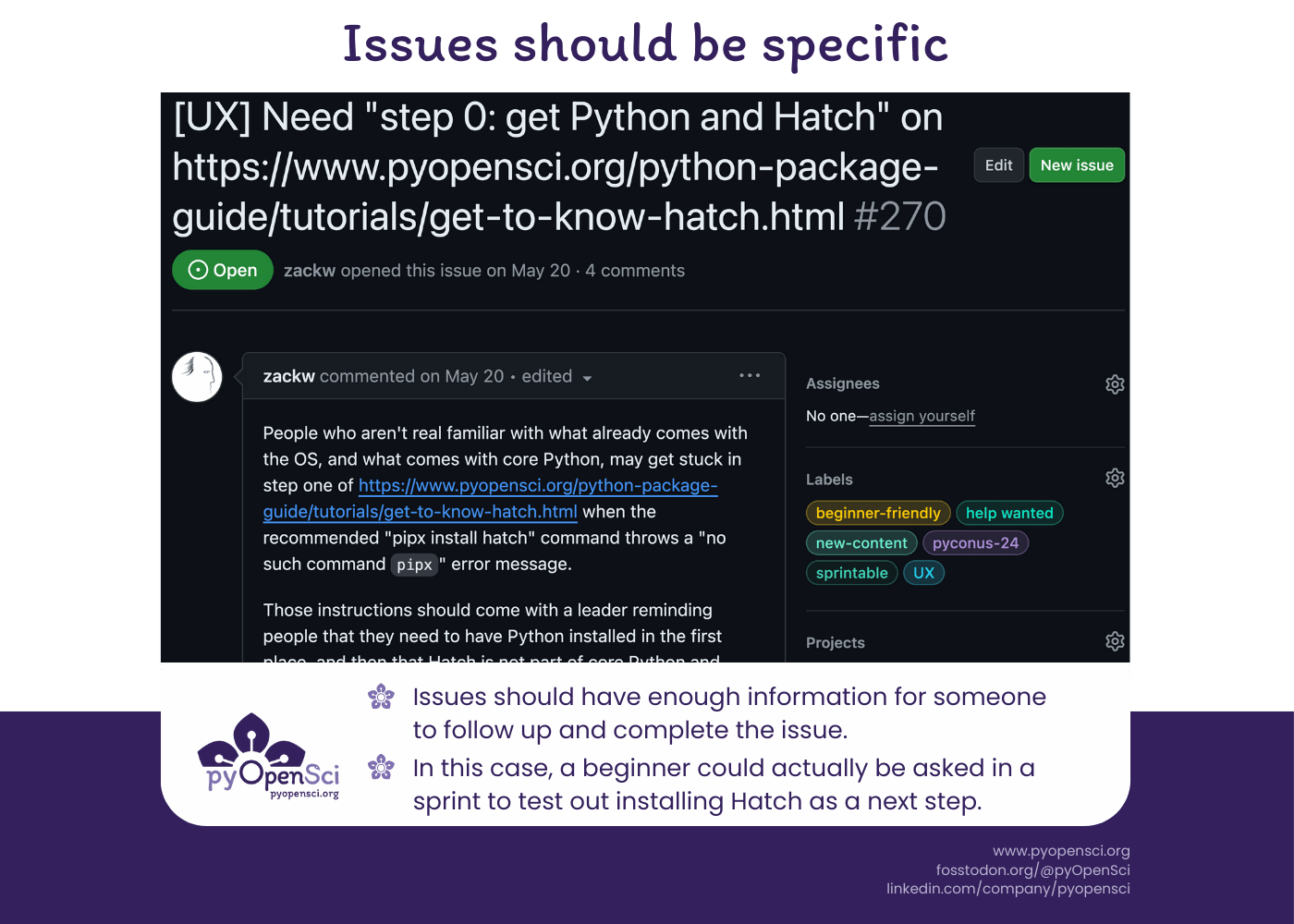 Image that says 'have you ever felt confused about python packaging.' Below is the pyopensci flower logo. And the graphic shows a bunch of different cartoon like hands being raised.' style='width: 80%;