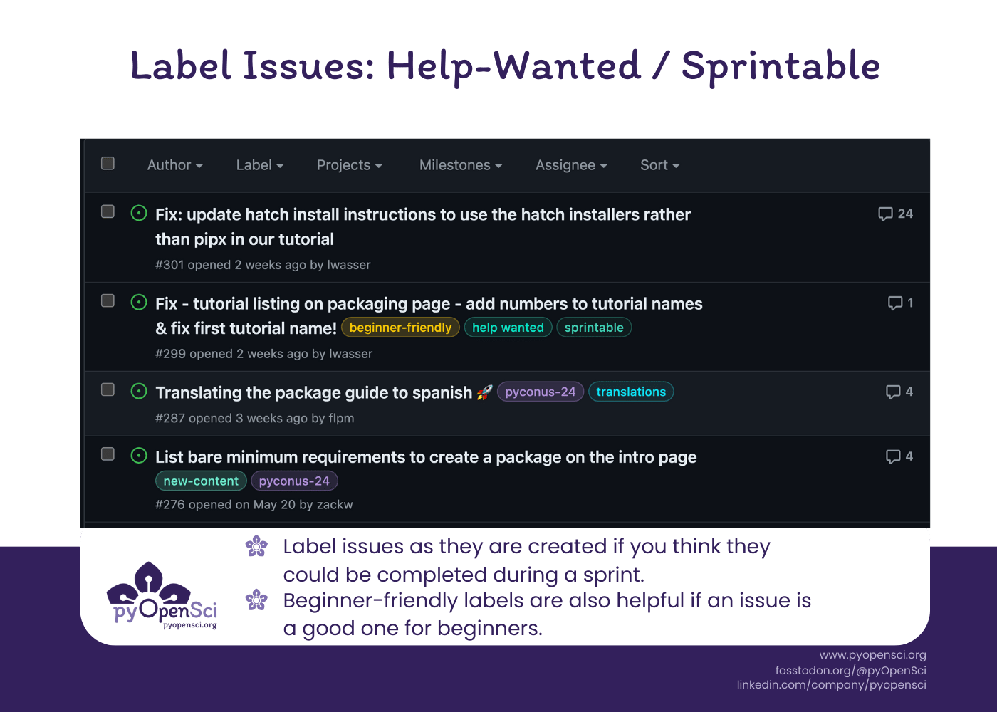 Graphic says Label issues with help-wanted / sprintable. Below it is a list of issues from the GitHub interface. One of the issues in the list is well labeled. It has 3 labels that say beginner-friendly, help wanted and then sprintable. Each has a different color.' style='width: 80%;