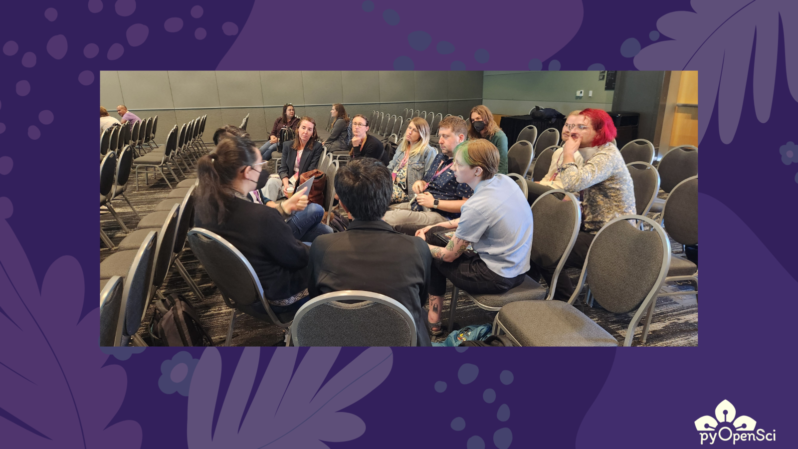 Small group discussion at pyOpenSci's Packaging Pain Points BoF session at SciPy 2025, with participants seated in a circle sharing insights.